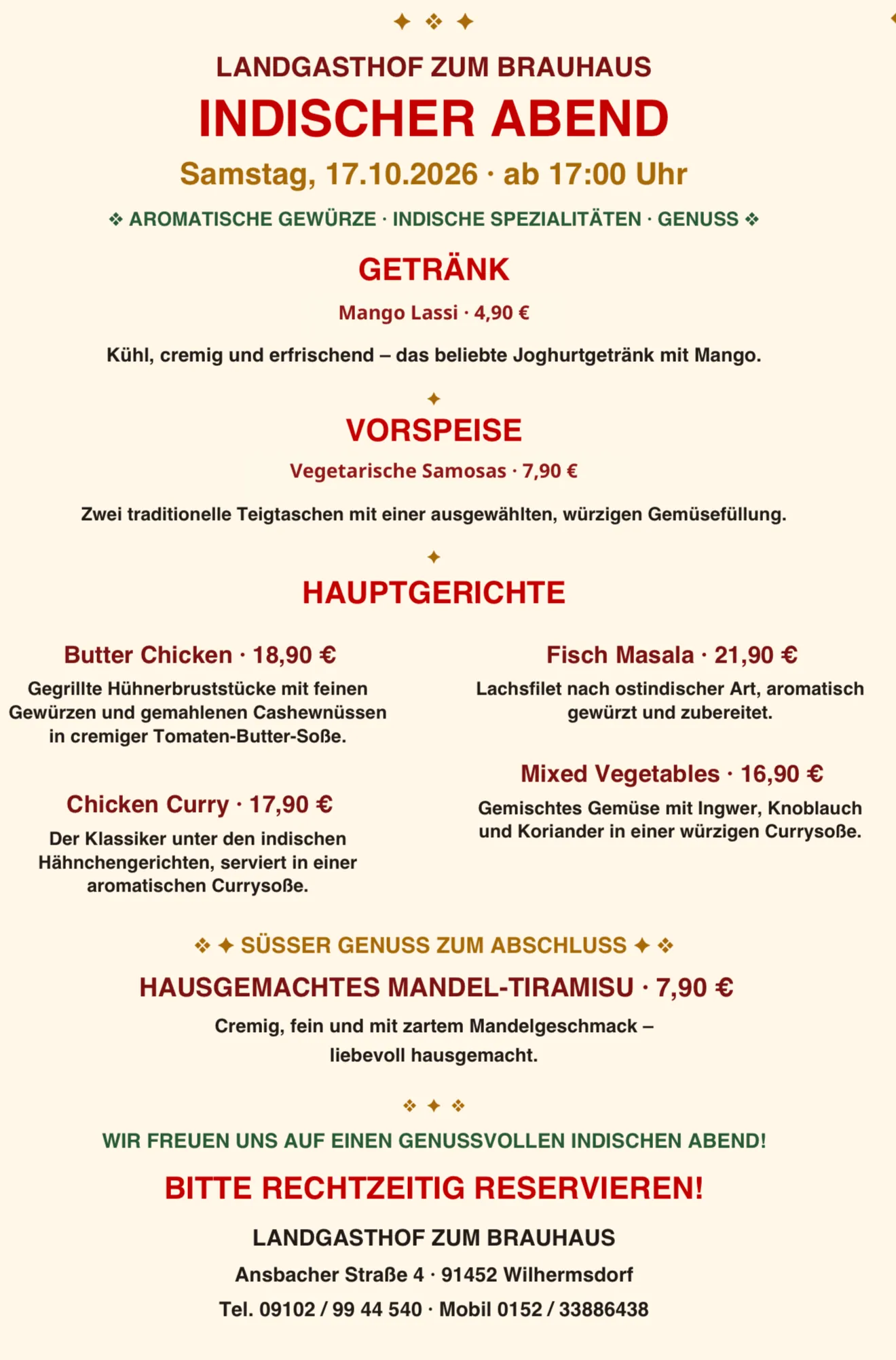 Indischer Abend am 17. Oktober 2026